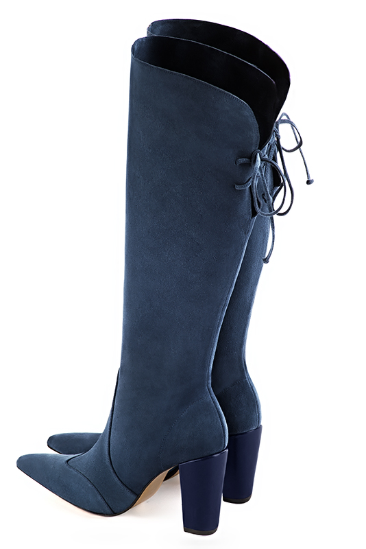 Denim blue women's knee-high boots, with laces at the back. Tapered toe. Very high block heels. Made to measure. Rear view - Florence KOOIJMAN